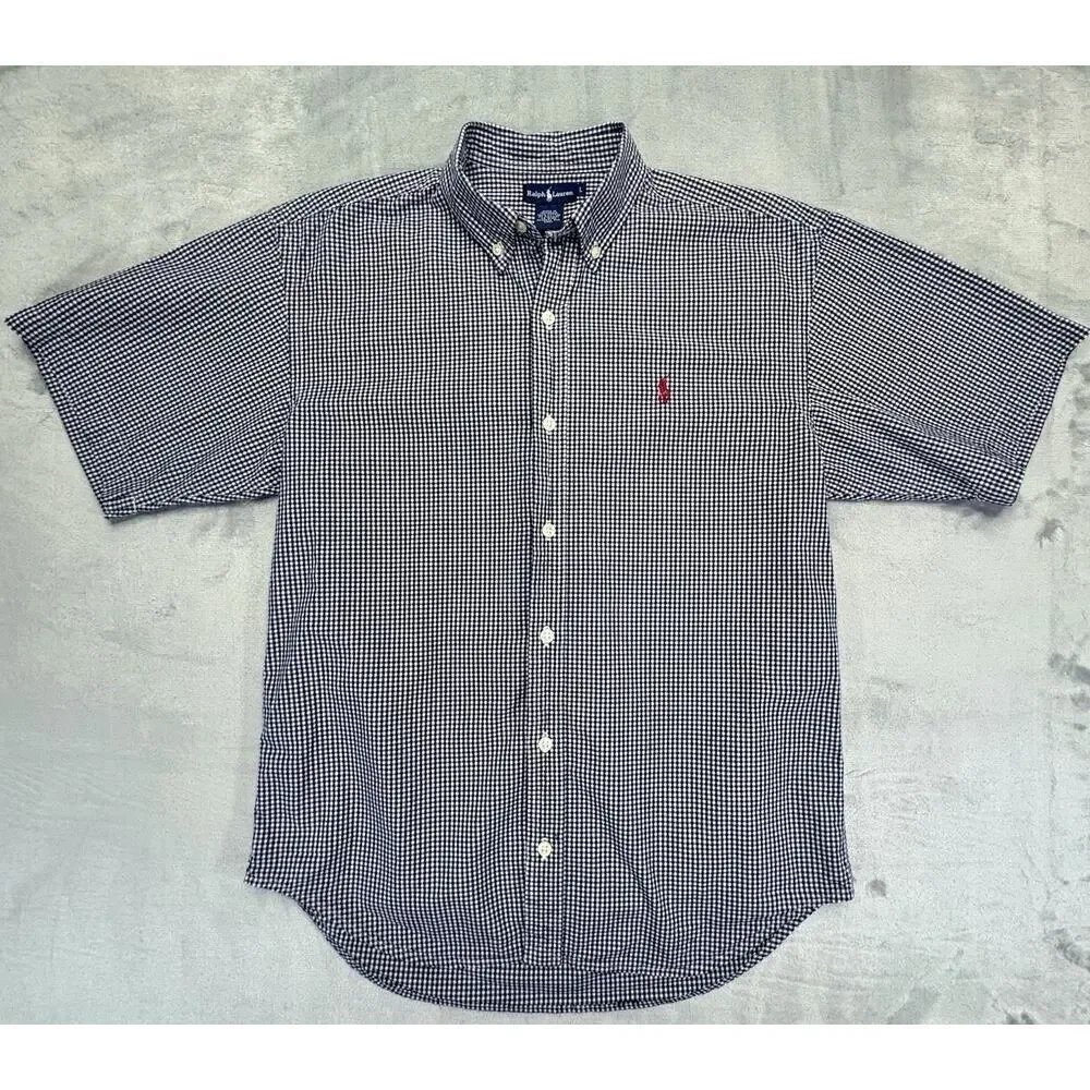 RALPH LAUREN Boys Navy L Gingham Short Sleeve Button Down Shirt Red Pony